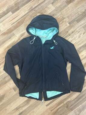 Hollister Navy Blue Hooded Windbreaker Jacket with Mint Lining Size L